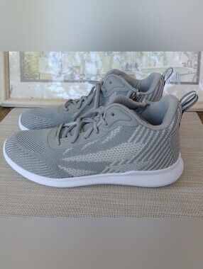 Women's Propet "TravelBound Hi" Grey Knit Mesh/White Side-Zip Shoes. Size 10D